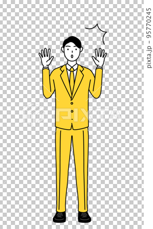 驚いて手を上げるスーツ姿のビジネスマンのシンプルな線画イラスト 95770245
