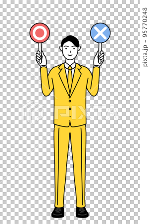 A simple line drawing illustration of a businessman in a suit holding a stick showing correct and incorrect answers 95770248