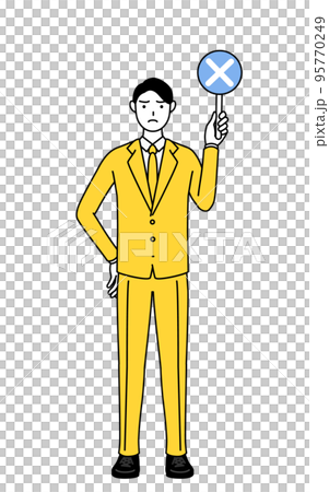 A simple line drawing illustration of a businessman in a suit holding a cross stick indicating an incorrect answer A simple line drawing illustration of a businessman in a suit holding a cross stick indicating an incorrect answer 95770249