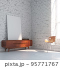 White loft room interior with mid century style commode and chair 3d render. 95771767