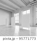 White loft hall interior with frames for exhibition 3d render. 95771773