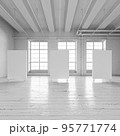 White loft hall interior with frames for exhibition 3d render. 95771774