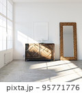 White loft interior with vintage commode and floor mirror frame 3d render. 95771776