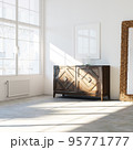 White loft interior with vintage commode and floor mirror frame 3d render. 95771777