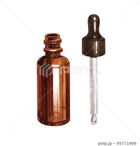 Glass bottle with dropper watercolor illustration. Small bottle with oil, serum, liquid inside for cosmetic or treatment. Glass container with pipette element Glass bottle with dropper watercolor illustration. Small bottle with oil, serum, liquid inside for cosmetic or treatment. Glass container with pipette element 95771906