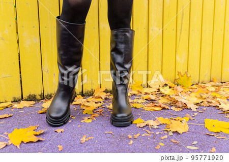 A girl in warm boots poses against a background of fallen foliage 95771920