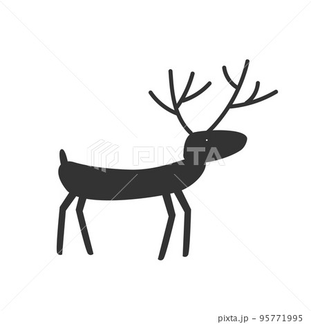 Funny running deer with antlers in simple tribal style. Isolated vector illustration. Hand drawn doodle sketch. Black silhouette on white background. 95771995