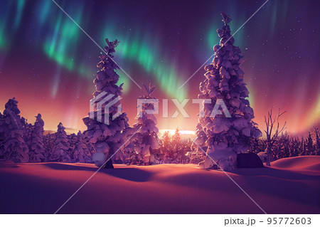 Winter christmas landscape. Magical fairy light. Christmas tree. Winter starry sky 95772603