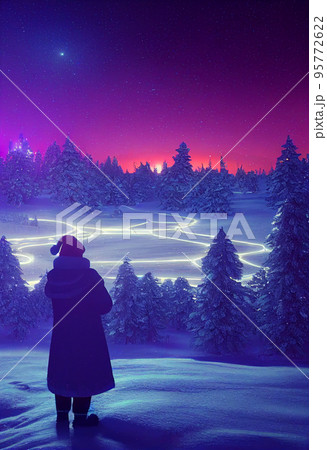 Winter christmas landscape. Magical fairy light. Christmas tree. Winter starry sky 95772622