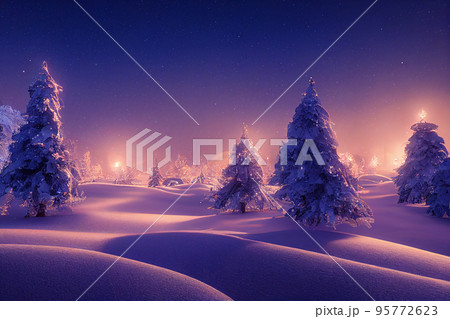 Winter christmas landscape. Magical fairy light. Christmas tree. Winter starry sky 95772623