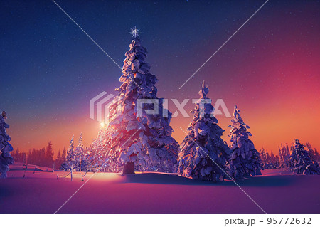 Winter christmas landscape. Magical fairy light. Christmas tree. Winter starry sky 95772632