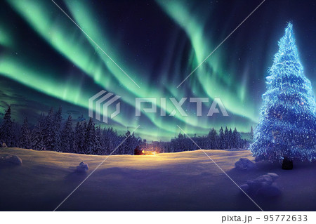 Winter christmas landscape. Magical fairy light. Christmas tree. Winter starry sky 95772633