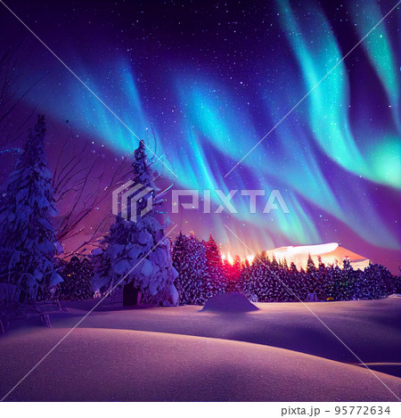 Winter christmas landscape. Magical fairy light. Christmas tree. Winter starry sky 95772634