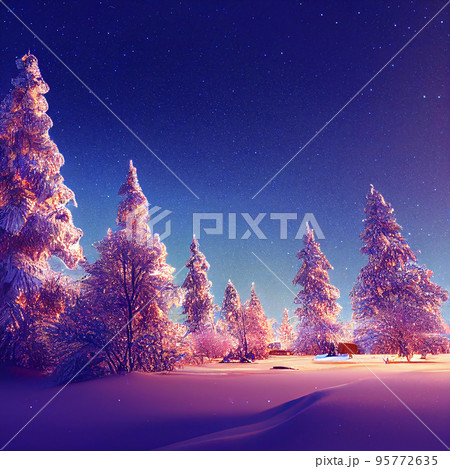 Winter christmas landscape. Magical fairy light. Christmas tree. Winter starry sky 95772635