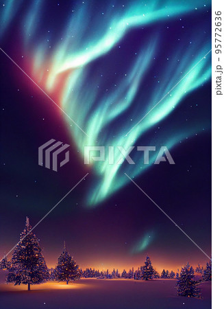 Winter christmas landscape. Magical fairy light. Christmas tree. Winter starry sky 95772636