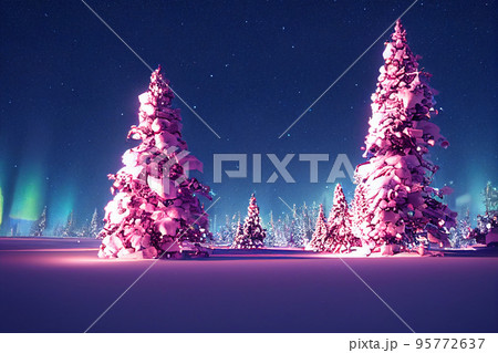 Winter christmas landscape. Magical fairy light. Christmas tree. Winter starry sky 95772637