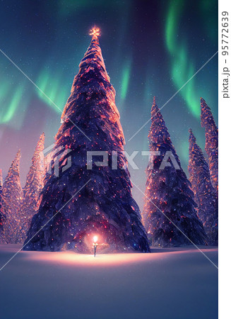 Winter christmas landscape. Magical fairy light. Christmas tree. Winter starry sky 95772639