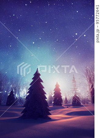 Winter christmas landscape. Magical fairy light. Christmas tree. Winter starry sky Winter christmas landscape. Magical fairy light. Christmas tree. Winter starry sky 95772641