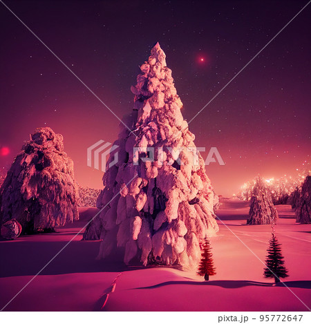 Winter christmas landscape. Magical fairy light. Christmas tree. Winter starry sky Winter christmas landscape. Magical fairy light. Christmas tree. Winter starry sky 95772647