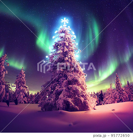 Winter christmas landscape. Magical fairy light. Christmas tree. Winter starry sky 95772650