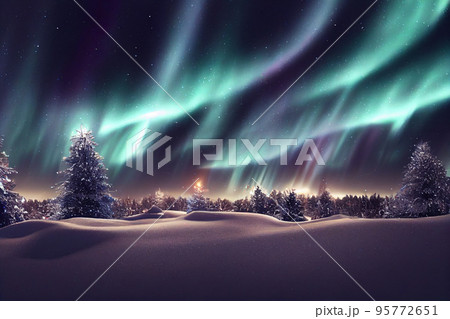 Winter christmas landscape. Magical fairy light. Christmas tree. Winter starry sky 95772651