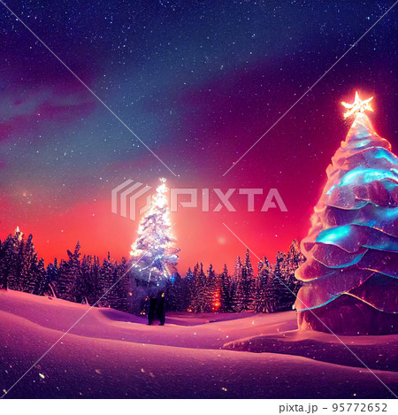 Winter christmas landscape. Magical fairy light. Christmas tree. Winter starry sky 95772652