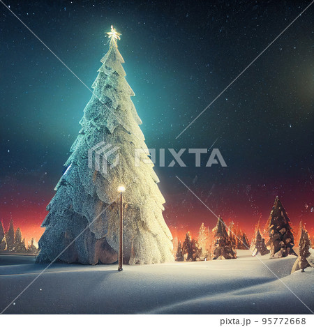 Winter christmas landscape. Magical fairy light. Christmas tree. Winter starry sky 95772668