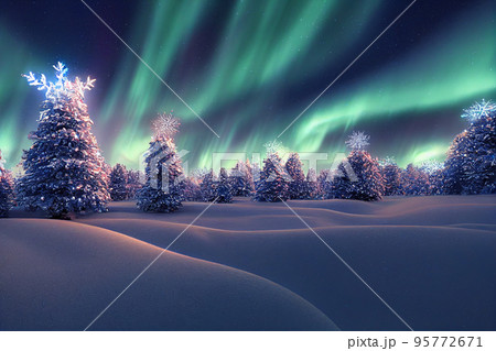 Winter christmas landscape. Magical fairy light. Christmas tree. Winter starry sky Winter christmas landscape. Magical fairy light. Christmas tree. Winter starry sky 95772671