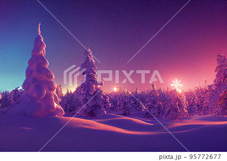 Winter christmas landscape. Magical fairy light. Christmas tree. Winter starry sky 95772677