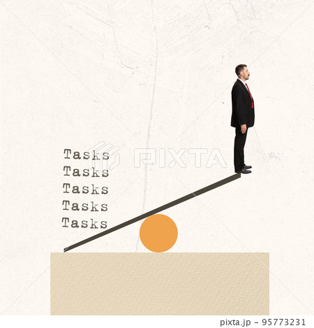 Contemporary art collage. Creative design in retro style. Businessman standing on a top of balance line, having deadlines and burning tasks Contemporary art collage. Creative design in retro style. Businessman standing on a top of balance line, having deadlines and burning tasks 95773231