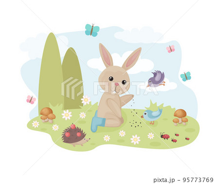Rabbit with birds. Cute summer illustration with a cartoon hare feeding birds. Summer meadow with butterflies and hedgehog. Vector illustration 95773769