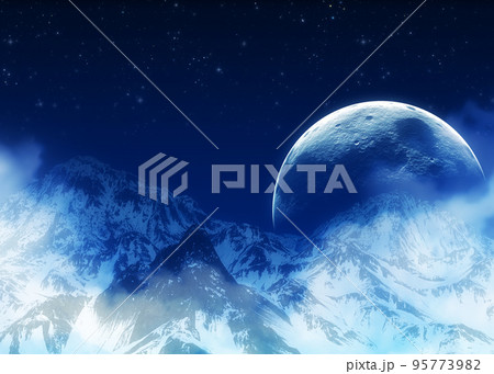 3D Night snowy mountains and moon 95773982