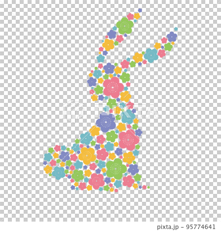 カラフルな花でかたどった華やかなうさぎ カラフルな花でかたどった華やかなうさぎ 95774641
