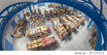 fisheye view of a large warehouse for goods storage. fisheye view of a large warehouse for goods storage. 95775321