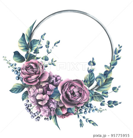 Decorative decoration on a silver ring of rose and hydrangea flowers with eucalyptus branches. Watercolor illustration. A wreath from the collection of WEDDING FLOWERS. For the design. Decorative decoration on a silver ring of rose and hydrangea flowers with eucalyptus branches. Watercolor illustration. A wreath from the collection of WEDDING FLOWERS. For the design. 95775955