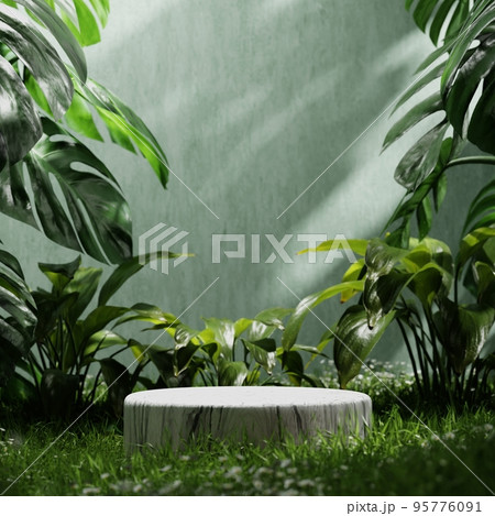 White marble product display podium in green room with grass flowers and sunshine background. Product presentation theme. Nature and Organic cosmetic and food concept. 3D illustration rendering 95776091
