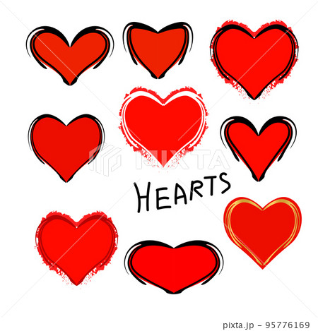 Set of flat red hearts with contours. Symbol of love and fidelity at a wedding or Valentine's Day. Vector illustration. Set of flat red hearts with contours. Symbol of love and fidelity at a wedding or Valentine's Day. Vector illustration. 95776169