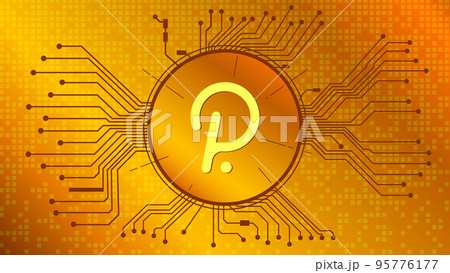 Polkadot cryptocurrency token symbol, DOT coin icon in circle with pcb on gold background. Vector illustration in techno style for website or banner. Polkadot cryptocurrency token symbol, DOT coin icon in circle with pcb on gold background. Vector illustration in techno style for website or banner. 95776177