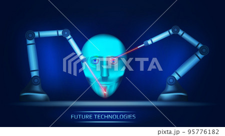 A futuristic concept of artificial intelligence where two mechanical manipulators create cybernetic head of robot with lasers. Cyborg face. Vector illustration. 95776182