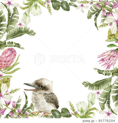 frame with tropical flowers , plants and bird . for design and invitations. frame with tropical flowers , plants and bird . for design and invitations. 95776204