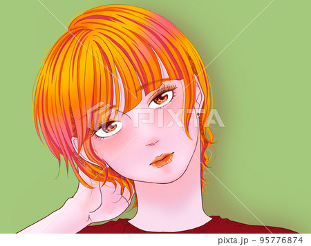 首をかしげるウルフカットの子 緑背景 首をかしげるウルフカットの子 緑背景 95776874