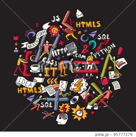 IT-specialists team work write code symbols round doodles 95777276