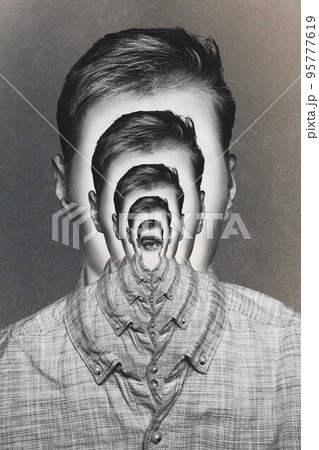 Contemporary art collage. Creative design. Male face in hypnotic vision. Psychedelic. Zine style artwork Contemporary art collage. Creative design. Male face in hypnotic vision. Psychedelic. Zine style artwork 95777619