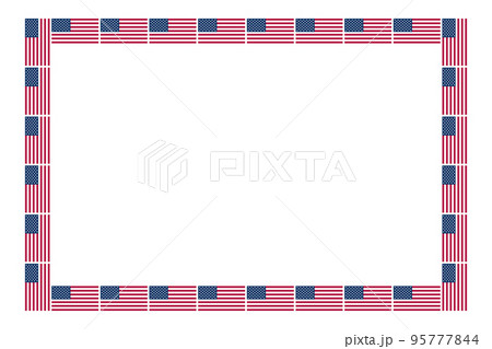 Rectangle frame, with American flag pattern. Decorative rectangular border, made of repeated, vertical and horizontal arranged national flags of the United States. Isolated illustration over white. Rectangle frame, with American flag pattern. Decorative rectangular border, made of repeated, vertical and horizontal arranged national flags of the United States. Isolated illustration over white. 95777844