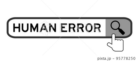Search banner in word human error with hand over magnifier icon on white background 95778250