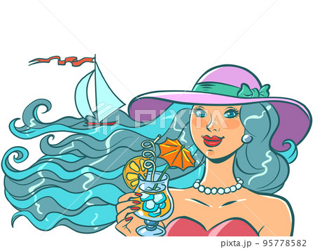 woman at seaside resort drinking tropical cocktail cool drink, sea and sailing yacht woman at seaside resort drinking tropical cocktail cool drink, sea and sailing yacht 95778582