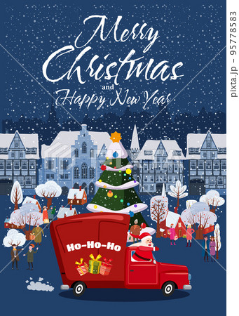 Merry Chistmas Poster Santa Claus drives an old retro car, truck Merry Chistmas Poster Santa Claus drives an old retro car, truck 95778583