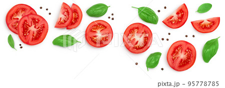 Tomato slices with basil and peppercorns isolated on white background. Clipping path. Top view with copy space for your text. Flat lay 95778785