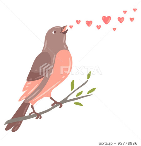 Illustration of cute bird singing and sitting on branch. Image of birdie in simple style. 95778936