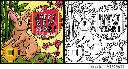 Happy New Year Rabbit Coloring Page Illustration 95779091